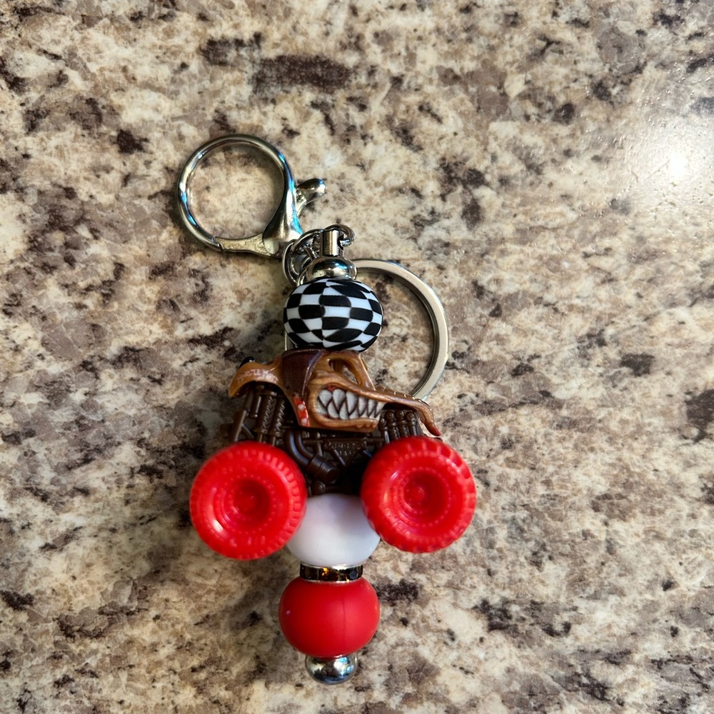 Monster Truck Red and White Beaded Keychain with Checkered Bead